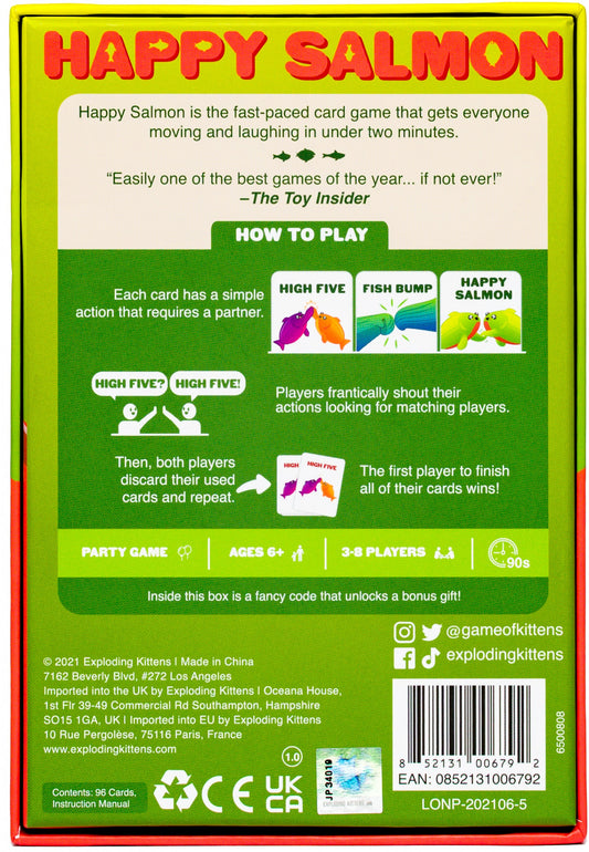 Back of a Happy Salmon game box with instructions and branding.