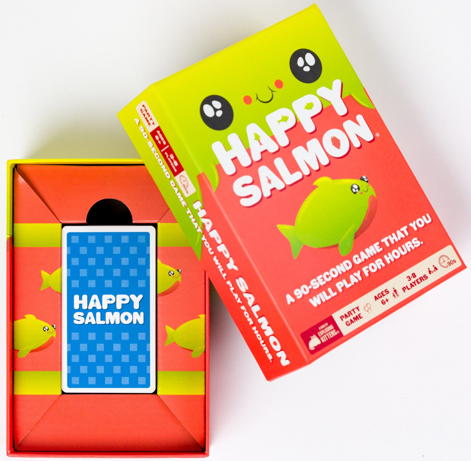 Happy Salmon card game packaging with cards on a white background