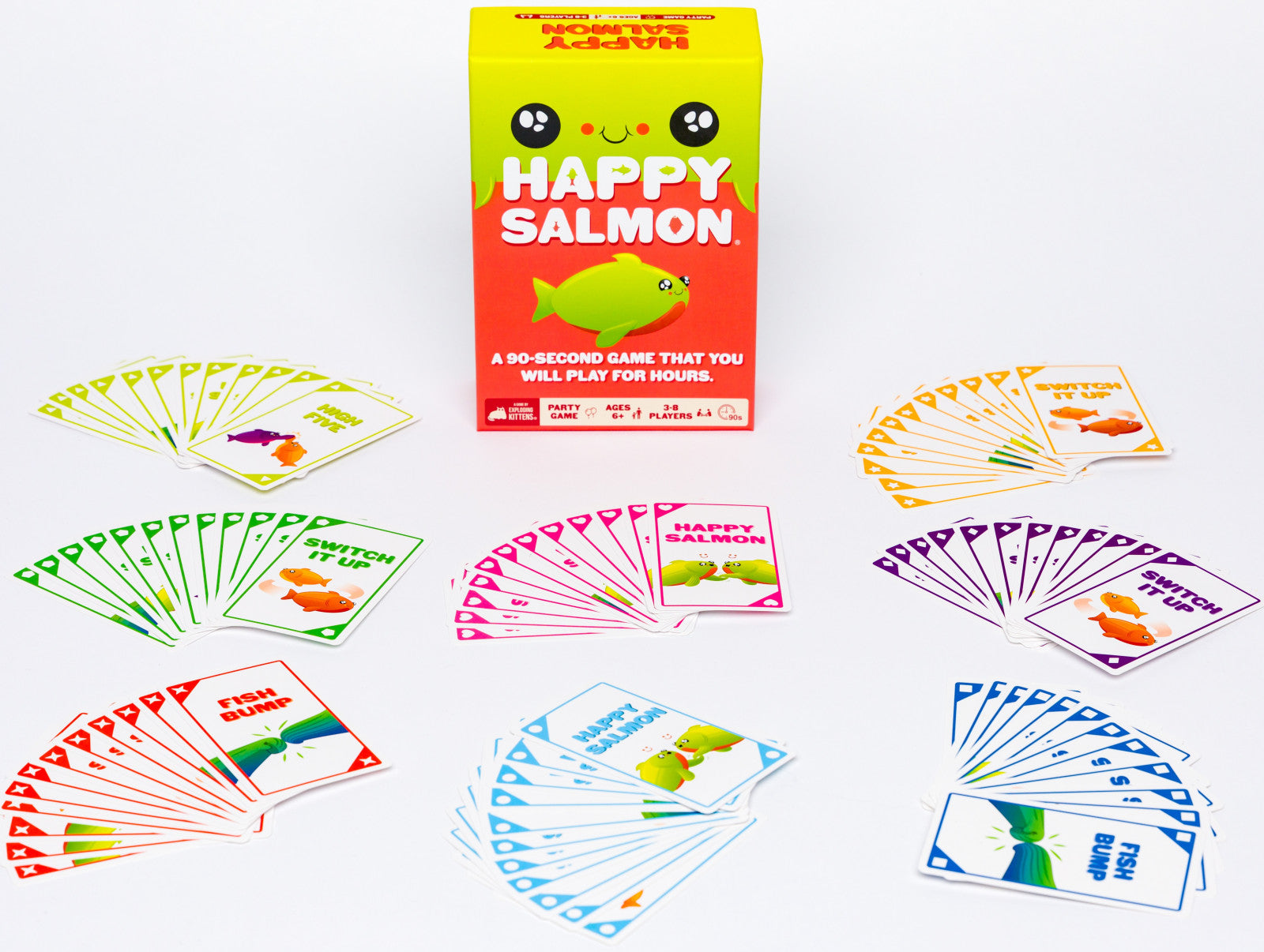 Happy Salmon card game packaging with cards displayed on a white background
