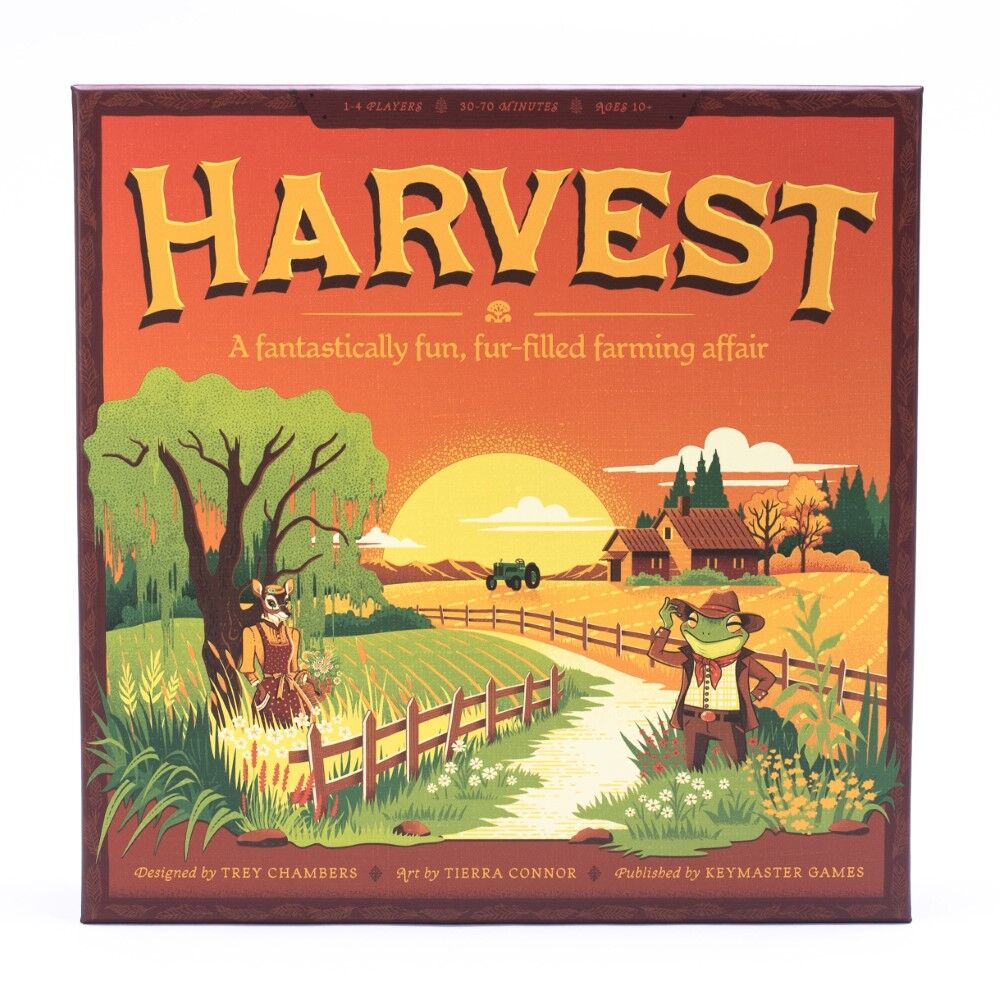 The board game box for 'Harvest' is shown against a plain white background. The box art features a warm orange and yellow sunset farm scene with a green frog character in a cowboy outfit standing in the foreground.