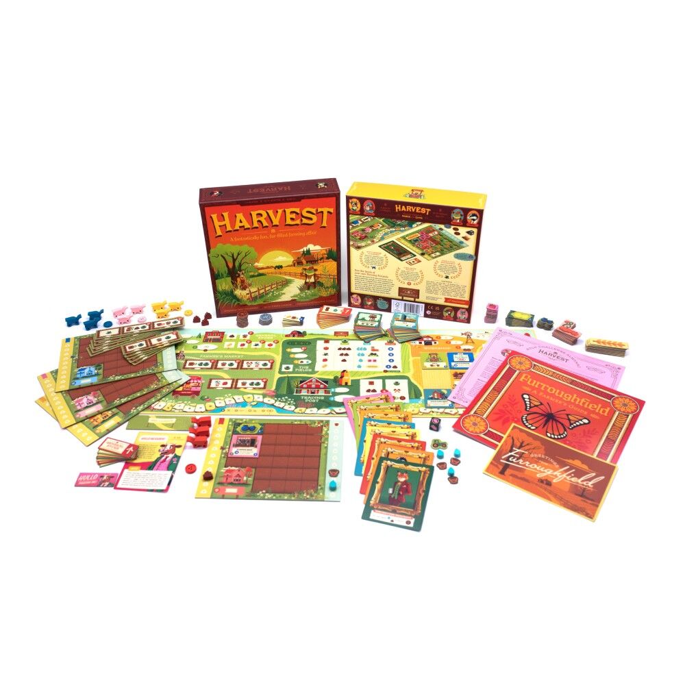 Board game set with 'Harvest' theme on a white background