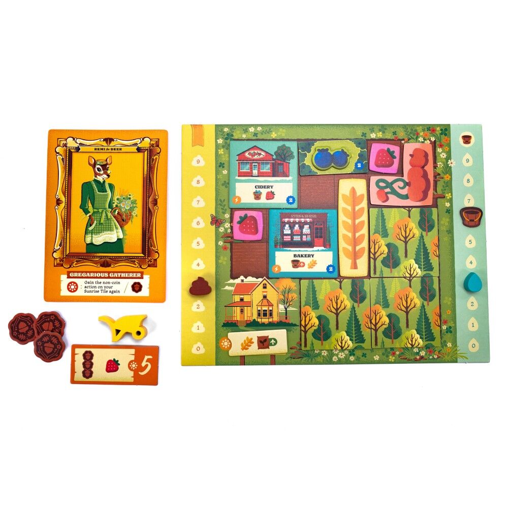 Harvest board game components including cards and a map on a white background