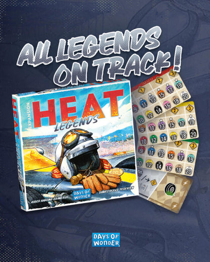 Board game 'HEAT Legends' by Days of Wonder with dice and cards on a dark blue background
