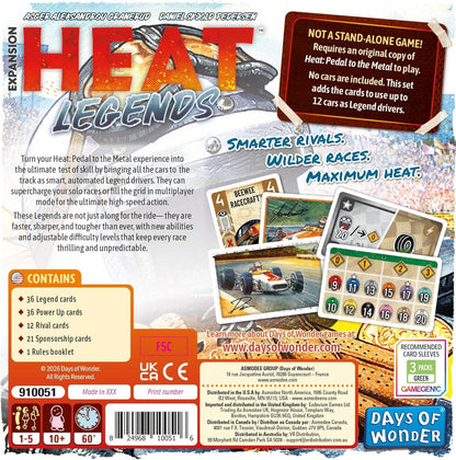 Back of a Heat Legends card game expansion box, showing the product packaging with card examples, rules text, age icons, and the Days of Wonder logo.