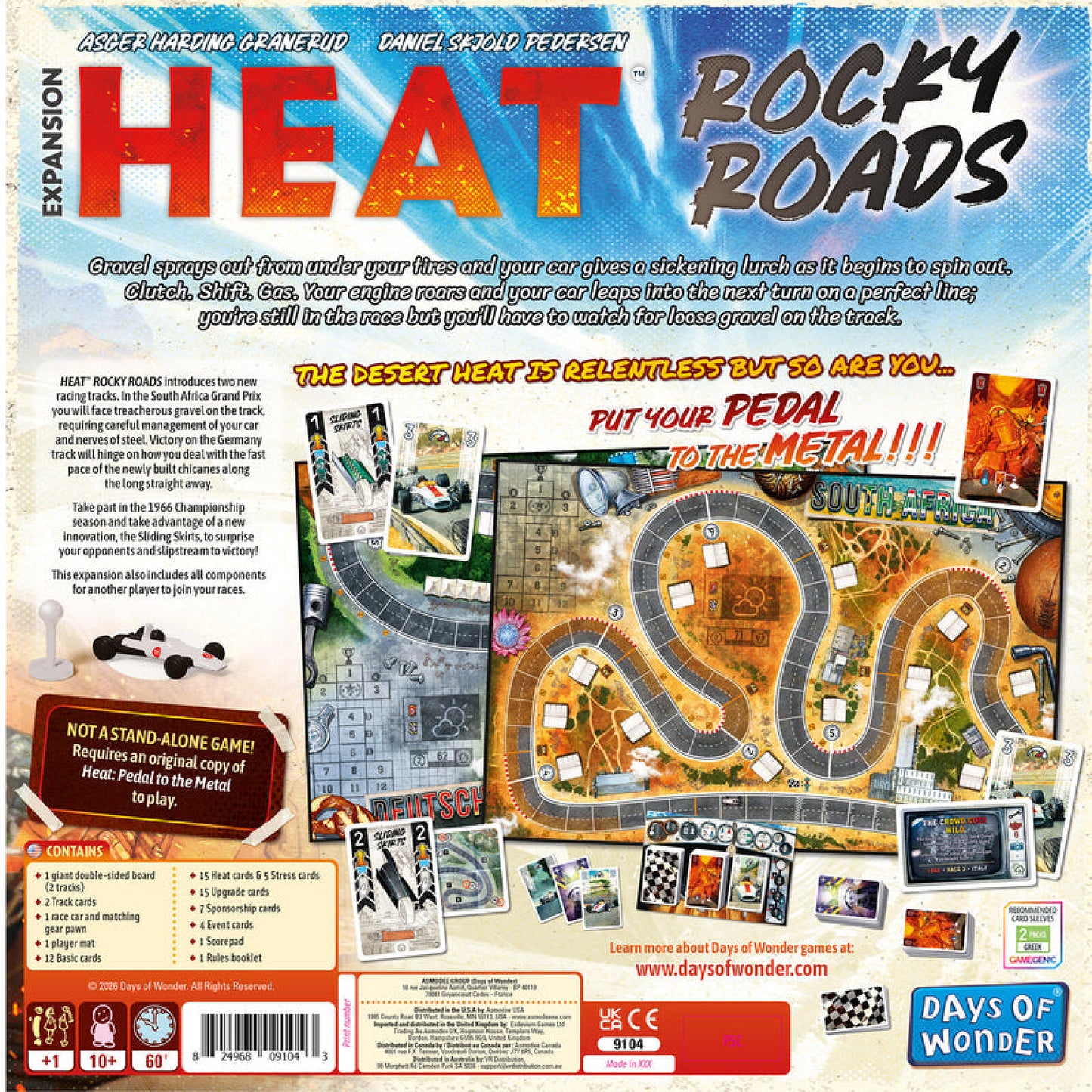 Board game expansion pack for 'Rocky Roads' with game board and components on a colorful background.