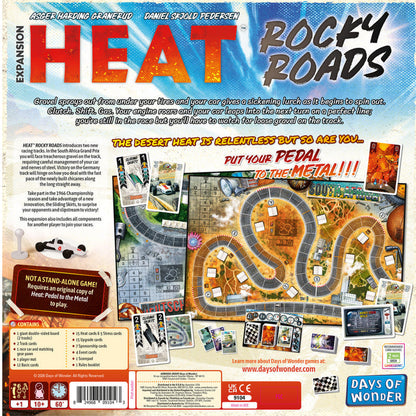 Board game expansion pack for 'Rocky Roads' with game board and components on a colorful background.