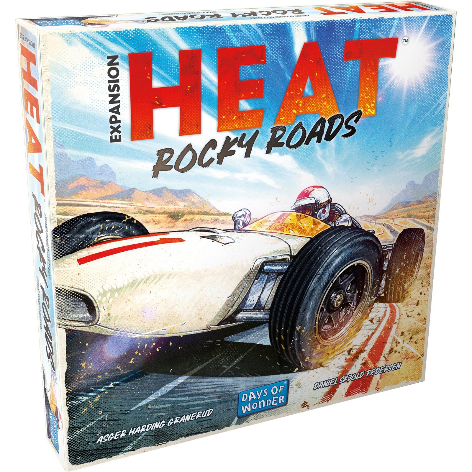 Board game expansion box titled 'HEAT Rocky Roads' with a racing car on a desert road.