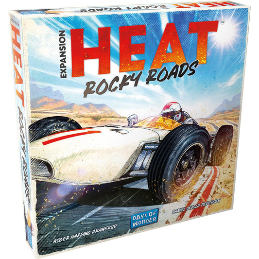 Board game expansion box titled 'HEAT Rocky Roads' with a racing car on a desert road.