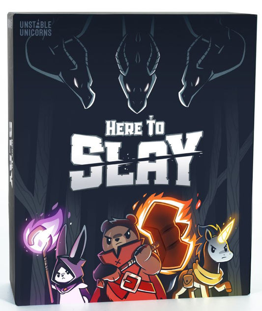 Board game box titled 'Here to Slay' with character illustrations on a dark background.