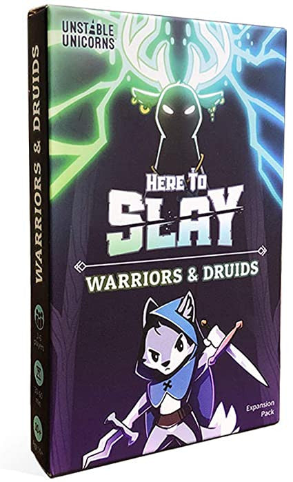 Board game expansion pack titled 'Here to Slay: Warriors & Druids' by Unstable Unicorns with character illustrations on a dark background.