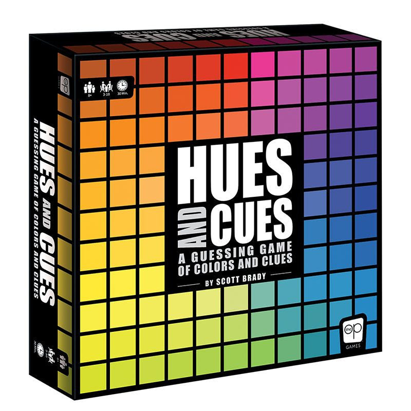 Hues and Cues Board game box with colorful square pattern