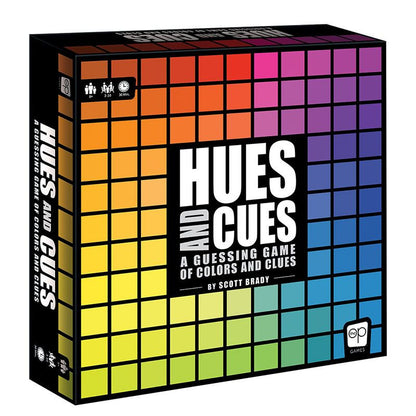 Hues and Cues Board game box with colorful square pattern
