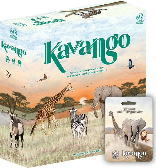 Board game box for 'Kavango' with animals and branding on a white background