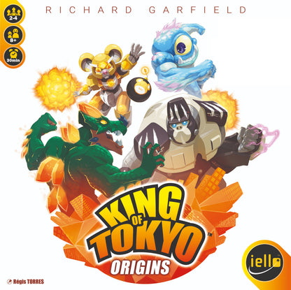King of Tokyo Origins game box with colorful monsters and iello logo.