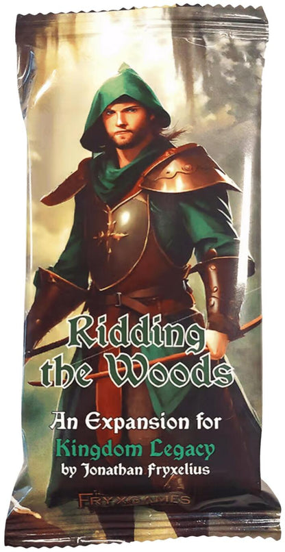 A sealed retail card game box or pack featuring fantasy artwork of a hooded warrior in green and brown armor, with the title text 'Riddling the Woods' and 'An Expansion for Kingdom Legacy by Jonathan fryxlius' printed on the front.