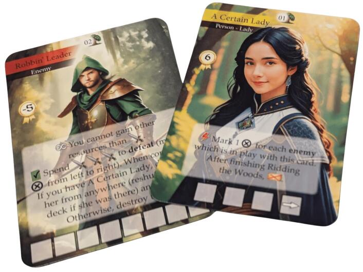 Two game cards featuring characters and text on a white background