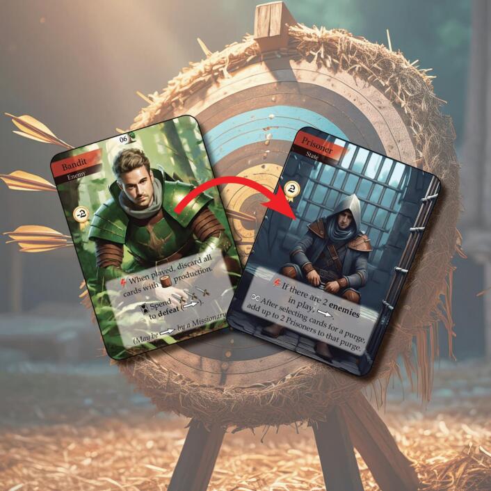 Two fantasy-themed cards on a wooden surface with a blurred background