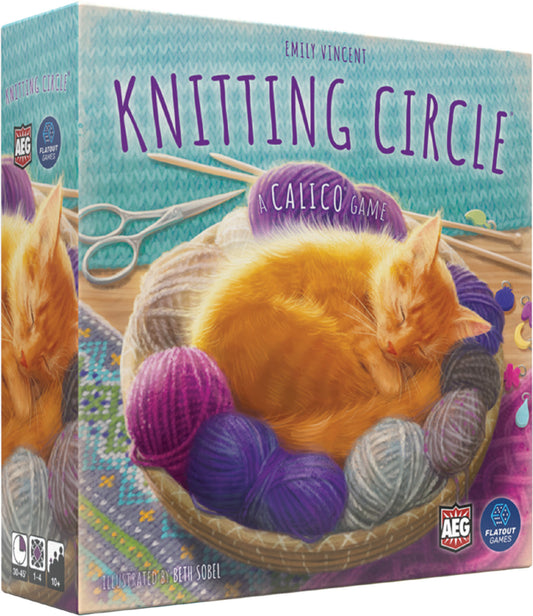 Board game box for 'Knitting Circle' with a cat and yarn on the cover