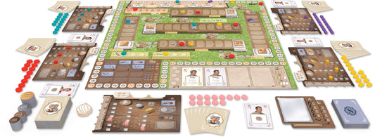 La patisserie Board game with various components on a white background
