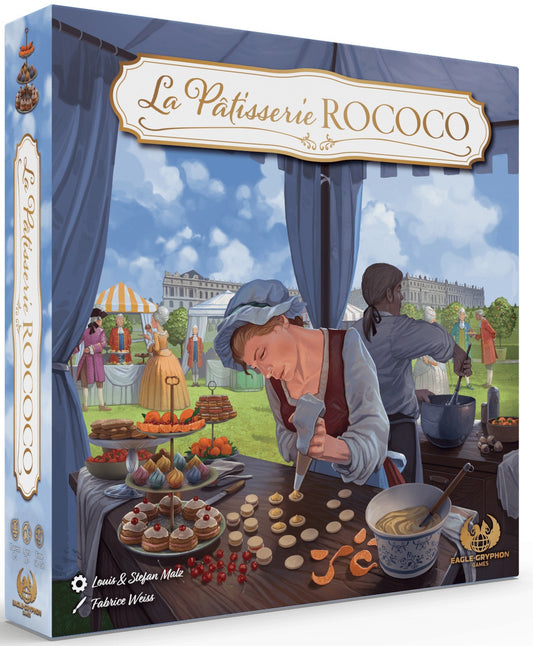 Board game box for 'La Patisserie Rococo' with illustration of a pastry chef and pastries.