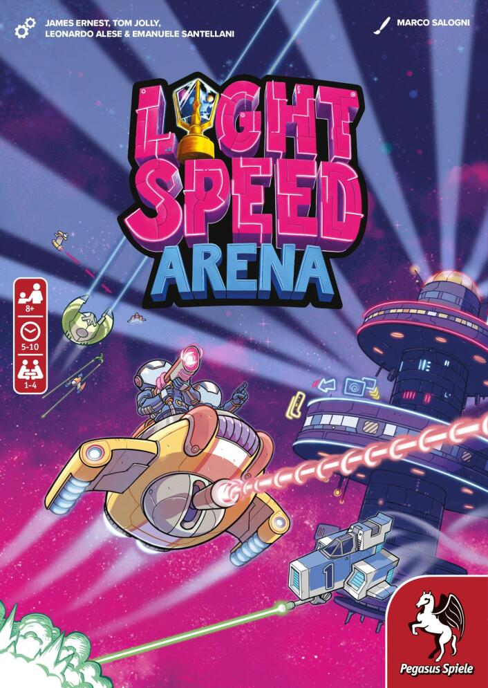 Board game cover for 'Light Speed Arena' featuring a colorful space-themed illustration with a futuristic flying vehicle, a large tower structure, and bold title text. The cover includes author names at the top, age rating icons on the left, and a Pegasus Spiele logo at the bottom right.