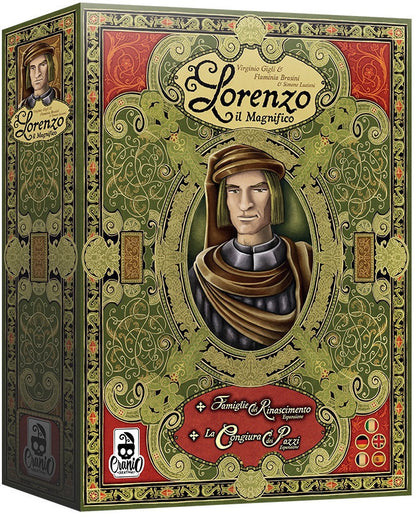 Lorenzo 2nd Edition Big Box Board game box featuring a portrait of a historical figure with intricate designs and text.