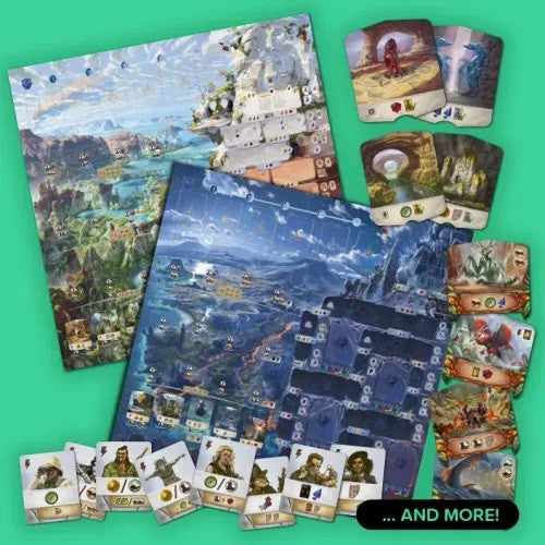 Lost ruins of Arnak Adventure Chest Board game components including a map, cards, and pieces on a green background