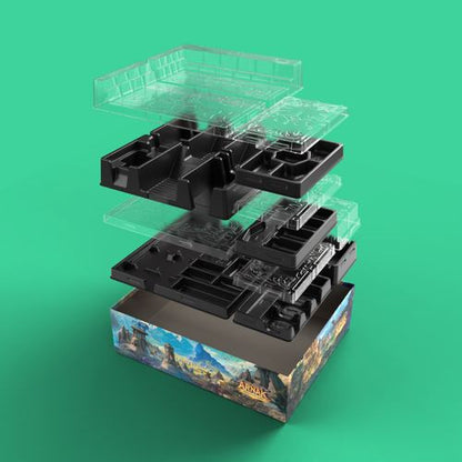 Lost ruins of Arnak Adventure Chest Black game board with transparent pieces on a green background