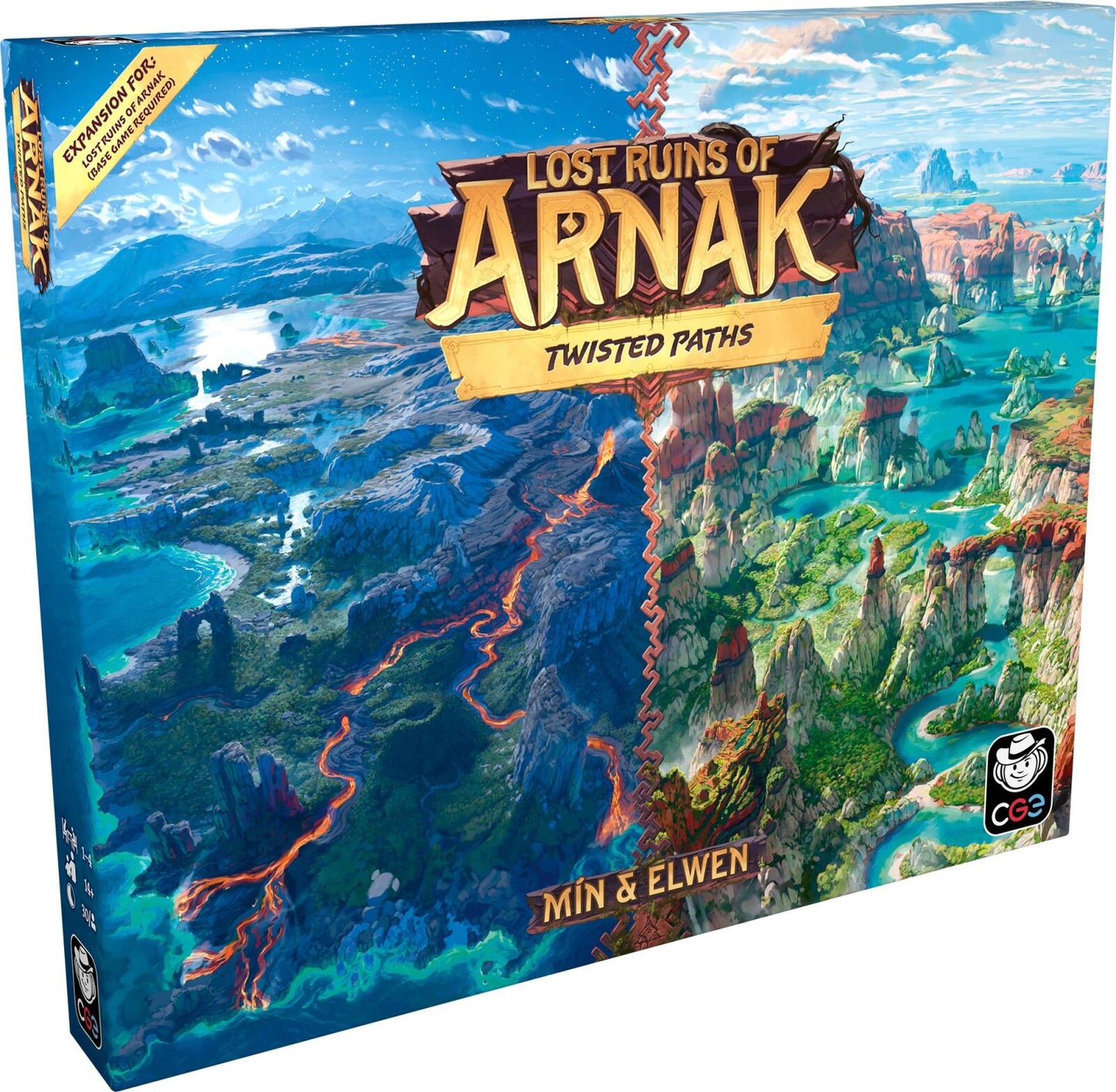 Board game box for 'Lost Ruins of Arnak: Twisted Paths' with a fantasy landscape design.
