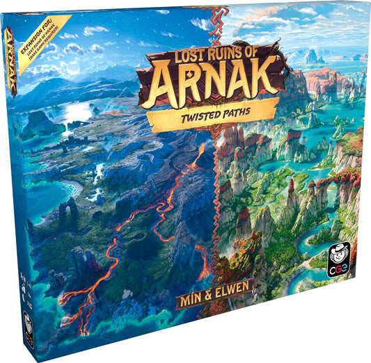 Board game box for 'Lost Ruins of Arnak: Twisted Paths' with a fantasy landscape design.