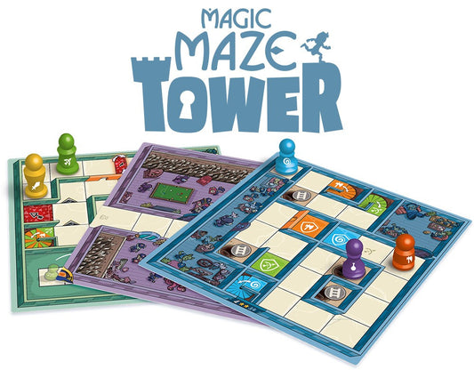 Board game titled 'Magic Maze Tower' with colorful pieces on a white background