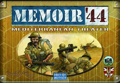 Front cover of the board game Memo '44: Mediterranean Theater, showing illustrated World War II soldiers in a sandy environment with the game title at the top and publisher logos at the bottom.