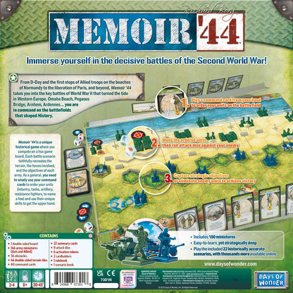 Back cover of Memoir '44 board game packaging with game setup illustration and branding.