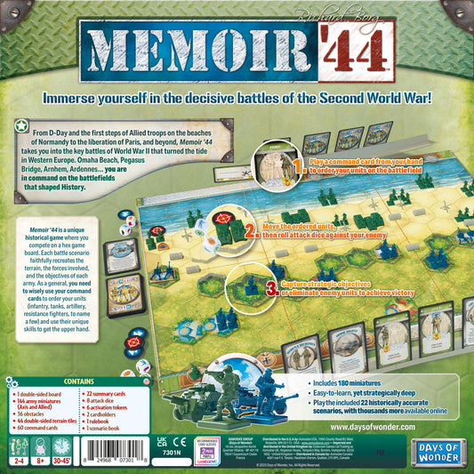 Back cover of Memoir '44 board game packaging with game setup illustration and branding.