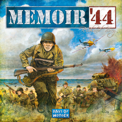 Board game cover of 'Memoir '44' with soldiers and tanks on a beach.