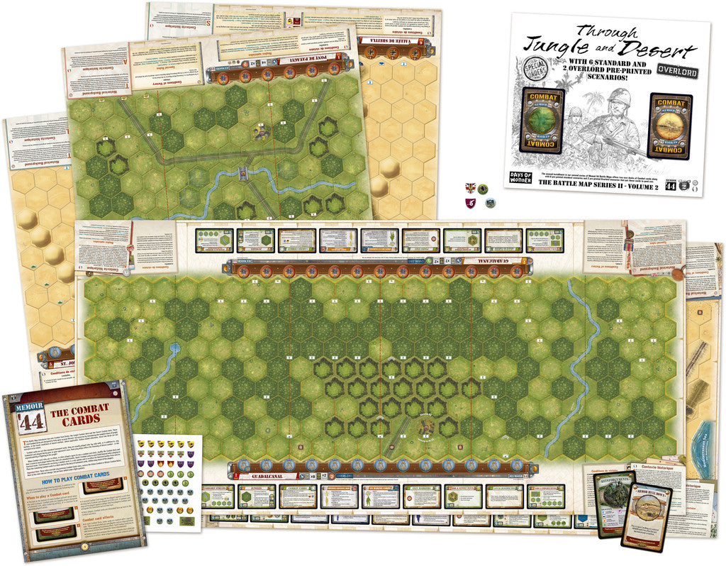 Memoir 44 Wargame scenario setup with maps, cards, and figures on a table