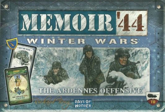 Memoir '44 Winter Wars: The Ardennes Offensive board game box cover, featuring illustrated soldiers in snowy combat and game card previews on the left against a blue-gray textured background.