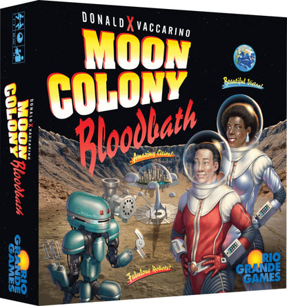 Board game box for 'Moon Colony Bloodbath' featuring astronauts and a robot on a desert landscape.