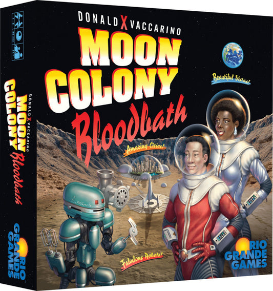 Board game box for 'Moon Colony Bloodbath' featuring astronauts and a robot on a desert landscape.