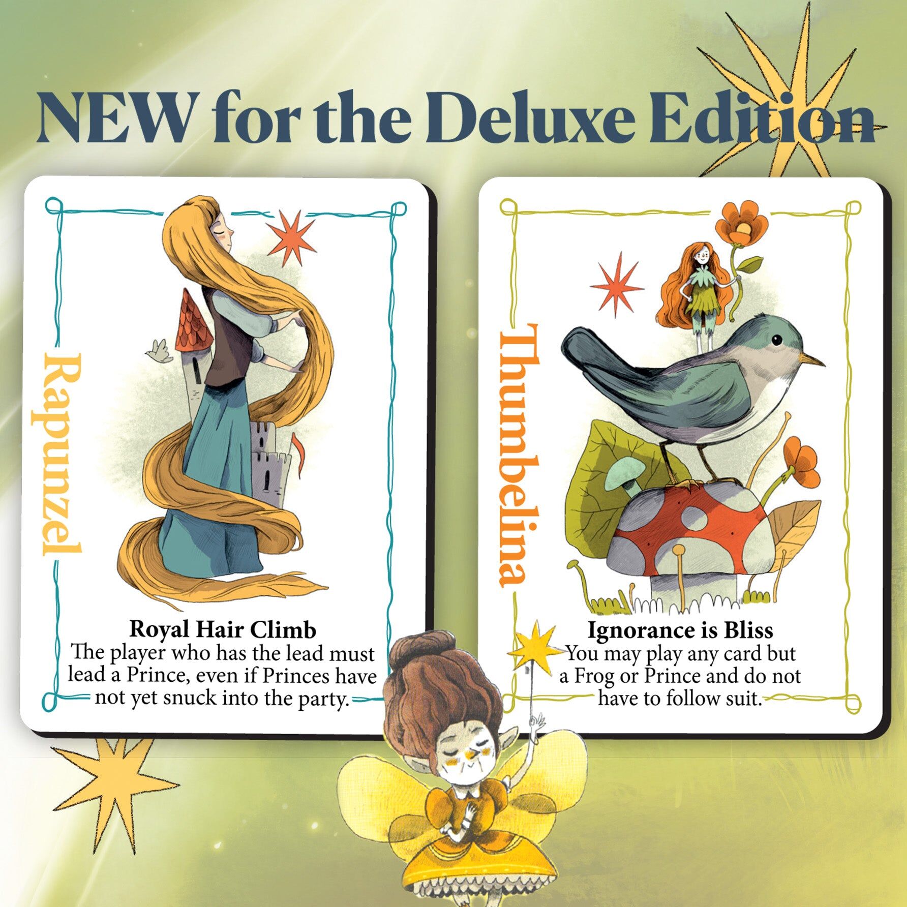 Rebel Princess Two illustrated cards featuring Rapunzel and Thumbelina with decorative elements on a light green background.