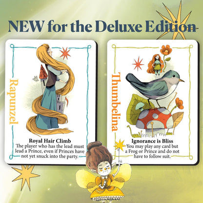 Rebel Princess Two illustrated cards featuring Rapunzel and Thumbelina with decorative elements on a light green background.