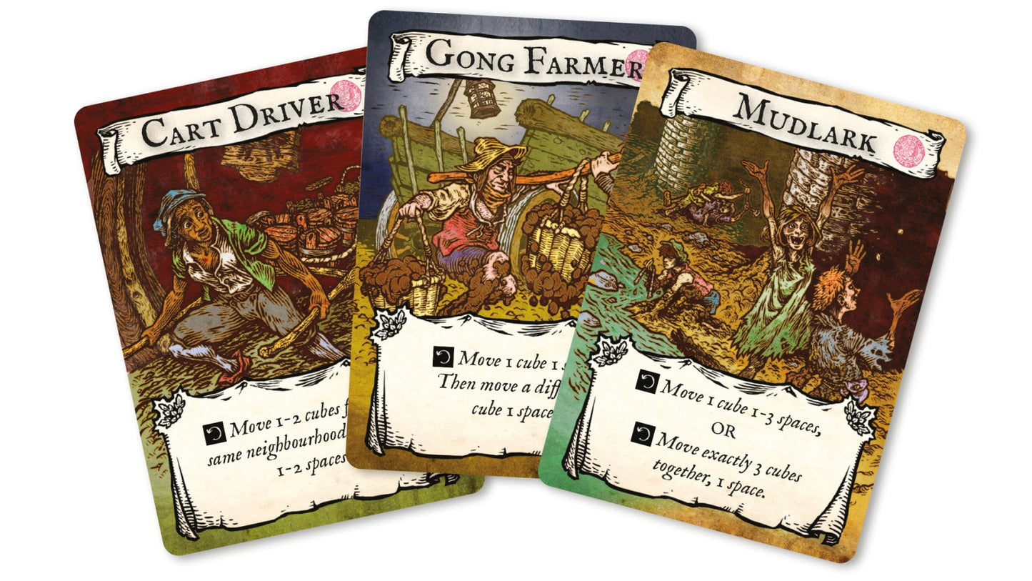 Three game cards with illustrations and text on a white background