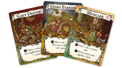 Three game cards with illustrations and text on a white background
