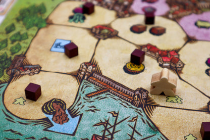Board game piece on a detailed map with various game elements.