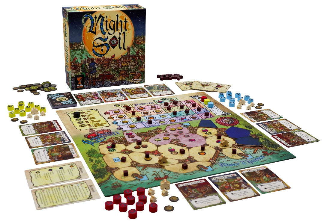 Board game set with 'Night Soil' box on a white background