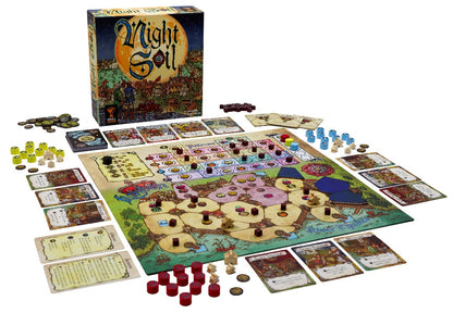 Board game set with 'Night Soil' box on a white background
