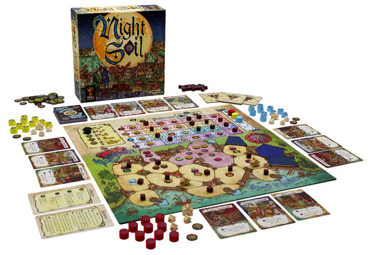 Board game set with 'Night Soil' box on a white background