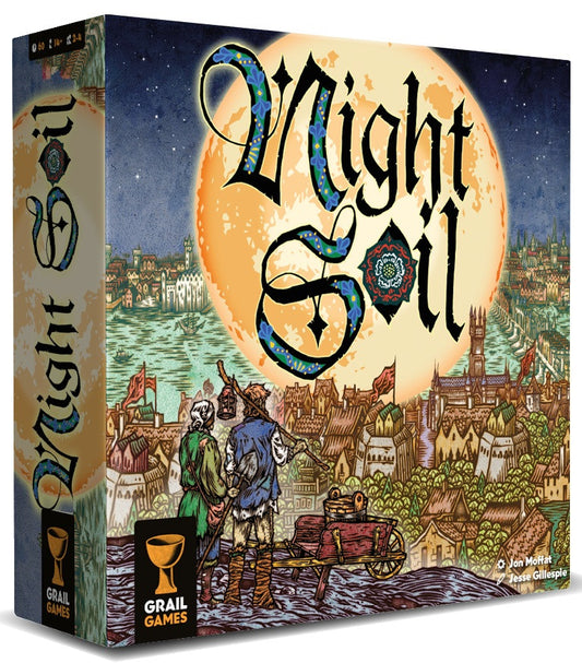 Board game box for 'Night Soil' by Grail Games with a fantasy cityscape design.