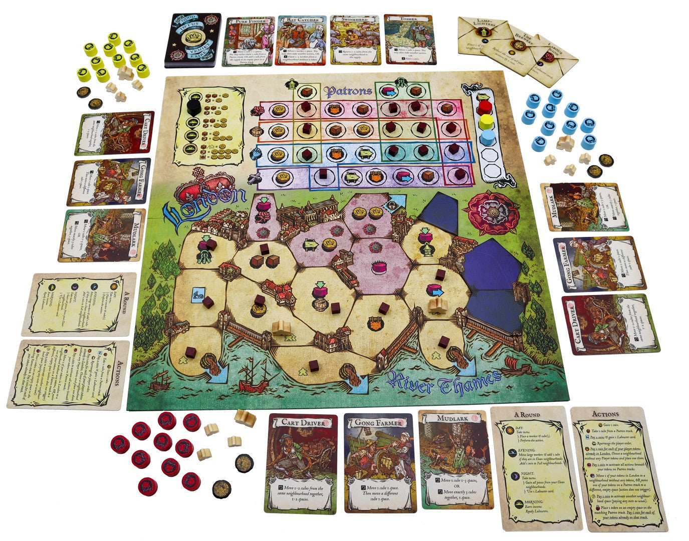Board game with colorful components including cards, dice, and a detailed board layout.