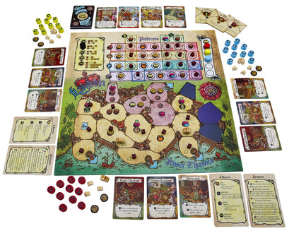 Board game with colorful components including cards, dice, and a detailed board layout.